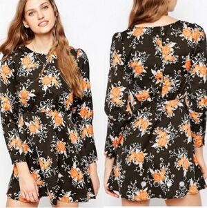 Free People Women's Long Sleeve Dress Size 4 Black Orange Floral Mini